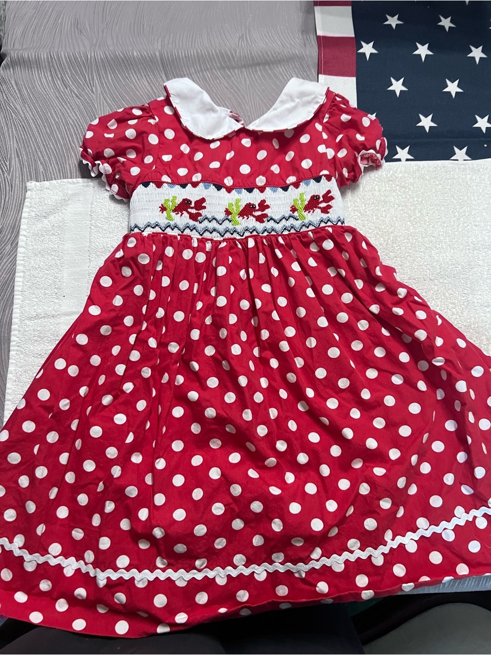 Marmellata Girls Size 5 Red Polka Dot Smocked Dress Embroidered Lobster